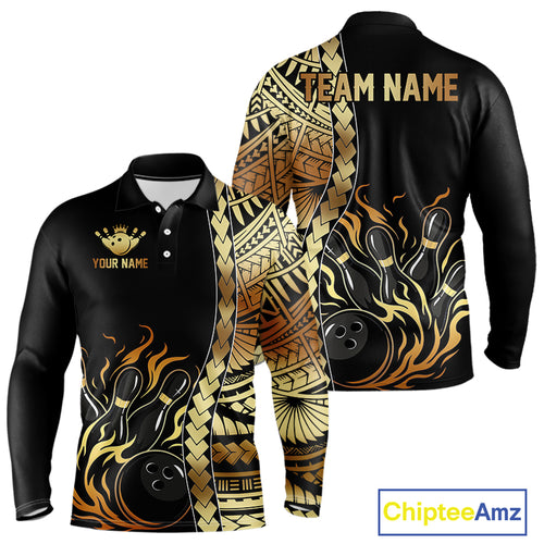 Custom Black And Gold Flame tribal pattern Bowling Team Polo, 1/4 Zip Shirts For Men, Bowling Jerseys NQS10093