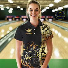 Load image into Gallery viewer, Custom Black And Gold Flame tribal pattern Bowling Team Polo, 1/4 Zip Shirt For Women, Bowling Jersey NQS10093
