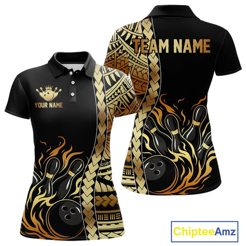 Custom Black And Gold Flame tribal pattern Bowling Team Polo, 1/4 Zip Shirt For Women, Bowling Jersey NQS10093