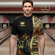 Load image into Gallery viewer, Custom Black And Gold Flame tribal pattern Bowling Team Polo, 1/4 Zip Shirts For Men, Bowling Jerseys NQS10093