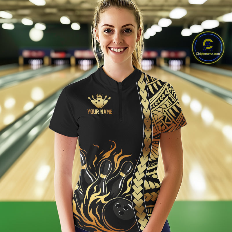 Custom Black And Gold Flame tribal pattern Bowling Team Polo, 1/4 Zip Shirt For Women, Bowling Jersey NQS10093