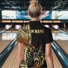 Load image into Gallery viewer, Custom Black And Gold Flame tribal pattern Bowling Team Polo, 1/4 Zip Shirt For Women, Bowling Jersey NQS10093