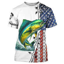 Load image into Gallery viewer, Mahi mahi fishing American flag patriotic 4th July Custom performance fishing shirts NQS2074