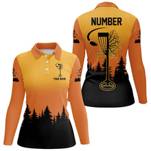 Load image into Gallery viewer, Black &amp; orange Women Disc golf polo shirt custom number disc golf jerseys, team frisbee golf attire NQS8215