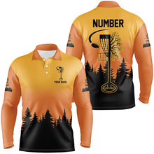 Load image into Gallery viewer, Black &amp; orange Mens Disc golf polo shirts custom number disc golf jerseys, team frisbee golf attire NQS8215