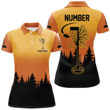 Load image into Gallery viewer, Black &amp; orange Women Disc golf polo shirt custom number disc golf jerseys, team frisbee golf attire NQS8215