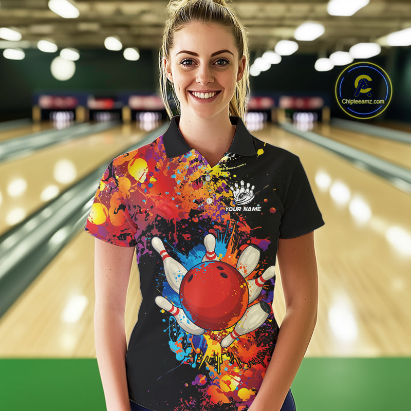 Colorful bowling jerseys Bowling Polo, 1/4 Zip Shirt for Women Custom Bowling Team shirts for bowlers NQS10416