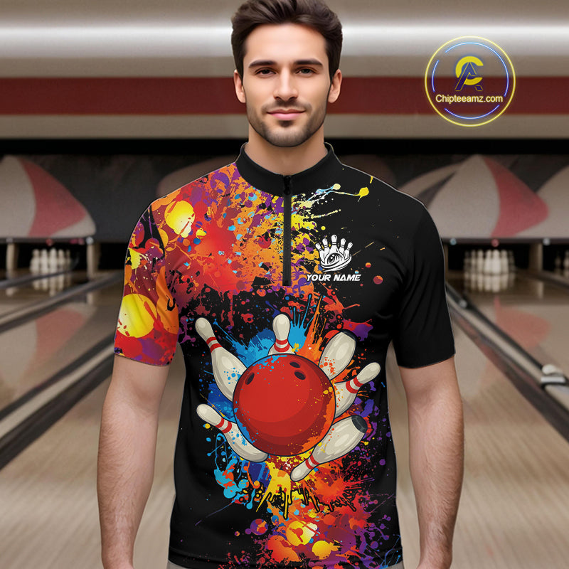 Colorful bowling jerseys Bowling Polo, 1/4 Zip Shirt for Men Custom Bowling Team shirts for bowlers NQS10416
