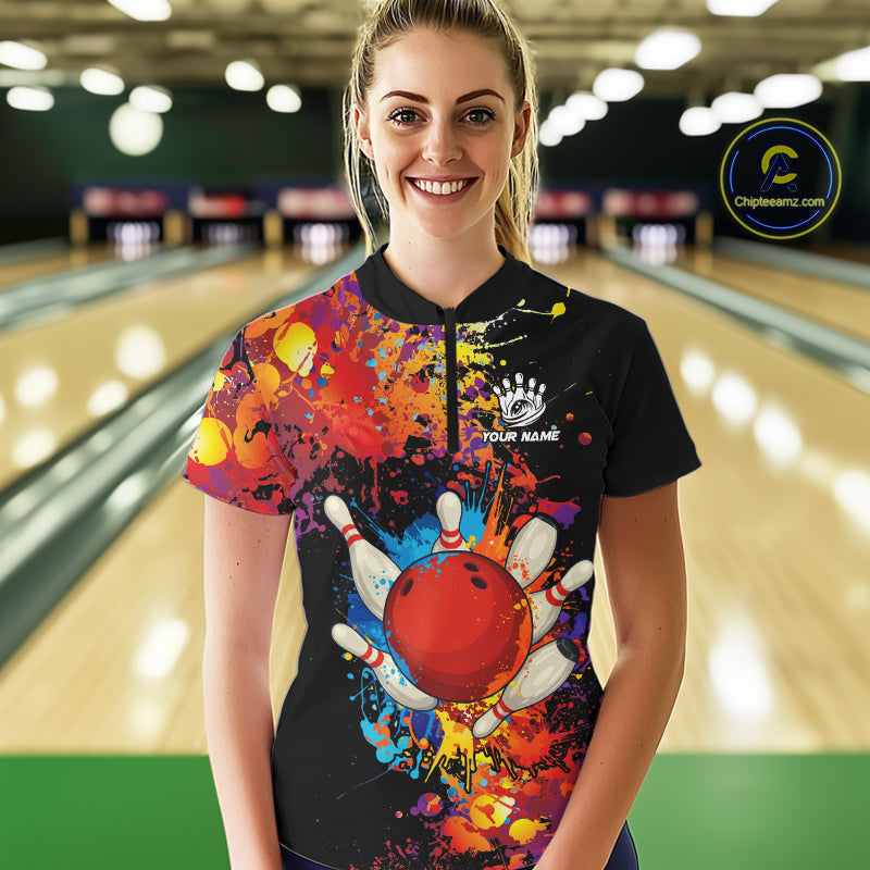 Colorful bowling jerseys Bowling Polo, 1/4 Zip Shirt for Women Custom Bowling Team shirts for bowlers NQS10416