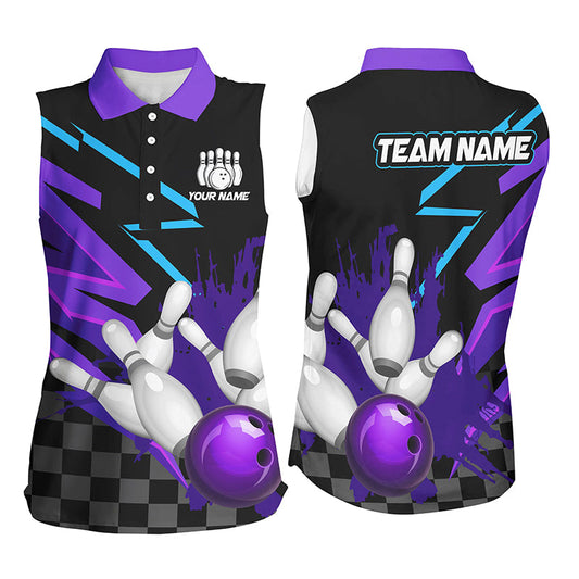 Black and purple Women Bowling Sleeveless Polos Custom team bowling jerseys, women bowling outfits NQS8446