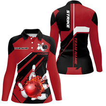 Load image into Gallery viewer, Black and red Bowling polo, quarter zip shirt for Women Custom Flame bowling ball pins uniform shirt NQS8671