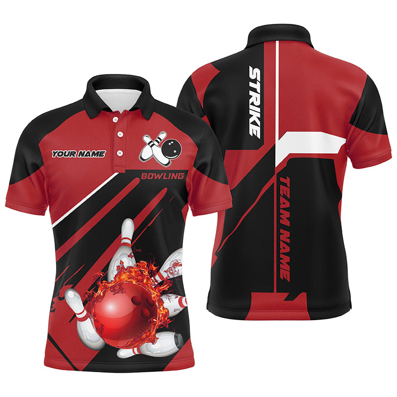 Black and red Bowling polo, quarter zip shirt for men Custom Flame bowling ball and pins uniform shirt NQS8671