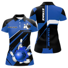 Load image into Gallery viewer, Black and blue Bowling polo, quarter zip shirt for Women Custom Flame bowling ball pins uniform shirt NQS8672