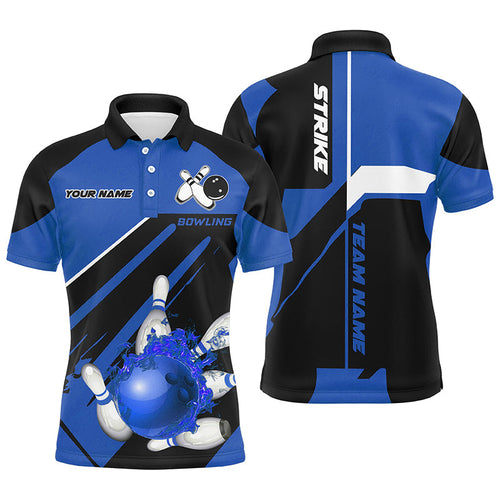 Black and blue Bowling polo, quarter zip shirt for men Custom Flame bowling ball pins uniform shirt NQS8672