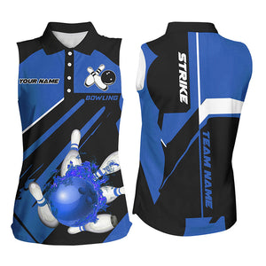 Black and blue Bowling Sleeveless Polo shirt for Women Custom Flame bowling ball pins uniform shirt NQS8672