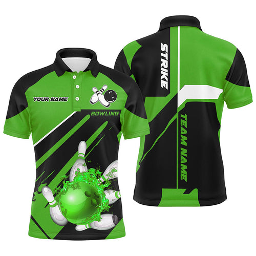 Black and Green Bowling polo, quarter zip shirt for men Custom Flame bowling ball pins uniform shirt NQS8673