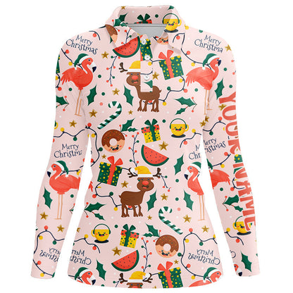Funny pink Christmas pattern custom Women golf polo shirts, unique Christmas golf gifts for team NQS8676