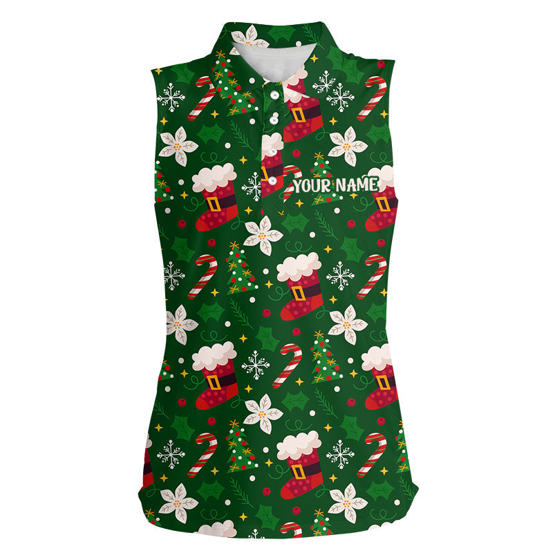 Green Christmas pattern custom Women sleeveless polo shirt, personalized Christmas golf gifts for team NQS8678