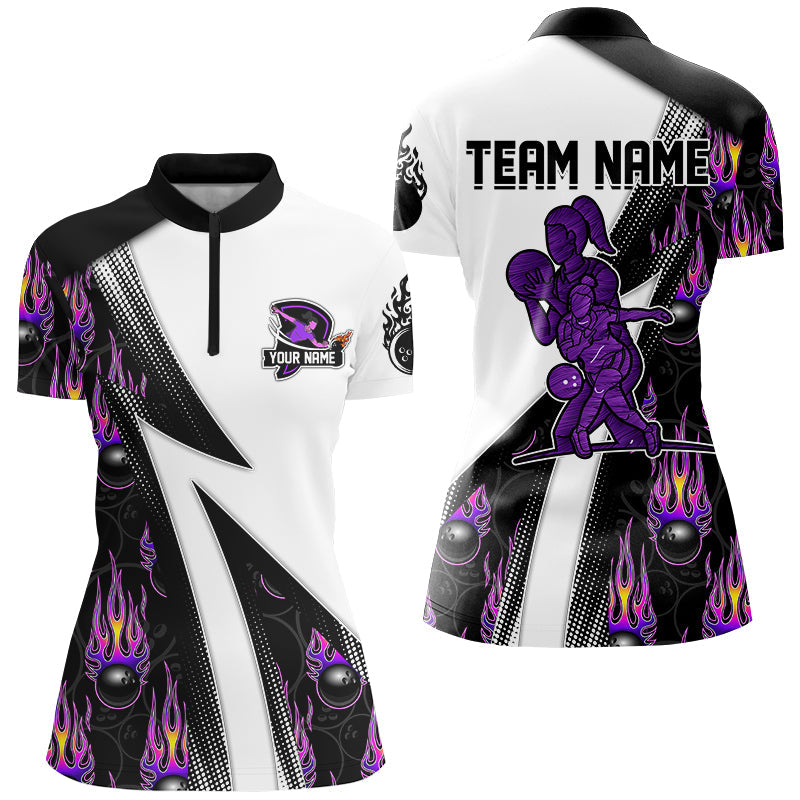 Custom Purple Flame Bowling Black Camo Shirts For Women, Personalized Bowling Team Jerseys NQS8896