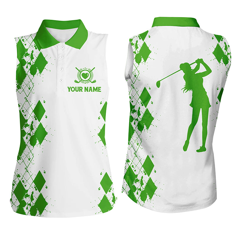 Womens sleeveless polo shirt custom name white golf shirt, golfing gifts | Green NQS4506