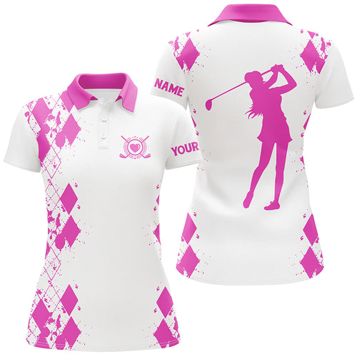 Womens golf polos shirts custom name white golf shirt, golfing gifts | Pink NQS4509