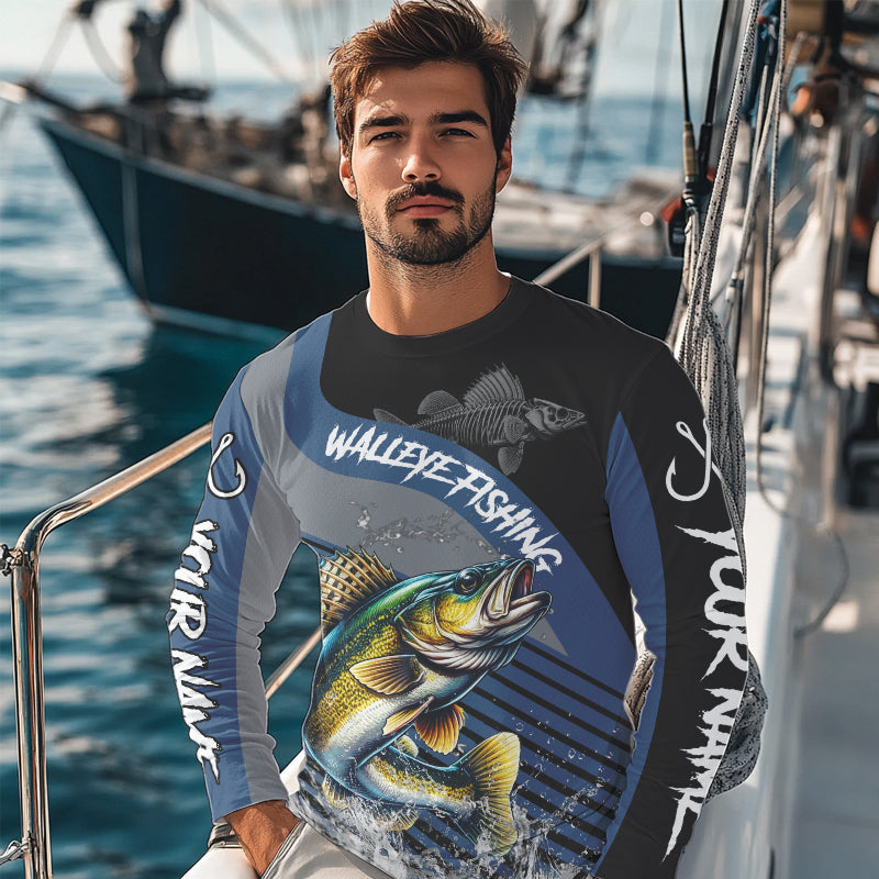 Walleye fishing Custom UV protection fishing long sleeve shirt, Walleye Fishing jerseys | Blue NQS9352