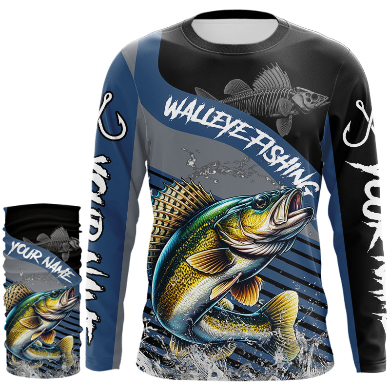 Walleye fishing Custom UV protection fishing long sleeve shirt, Walleye Fishing jerseys | Blue NQS9352