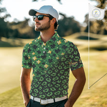 Load image into Gallery viewer, Green and Gold Clover glitter leopard St Patrick's day pattern custom shamrock Mens golf polo shirts NQS11423