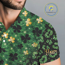 Load image into Gallery viewer, Green and Gold Clover glitter leopard St Patrick's day pattern custom shamrock Mens golf polo shirts NQS11423