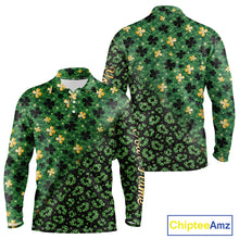 Load image into Gallery viewer, Green and Gold Clover glitter leopard St Patrick's day pattern custom shamrock Mens golf polo shirts NQS11423
