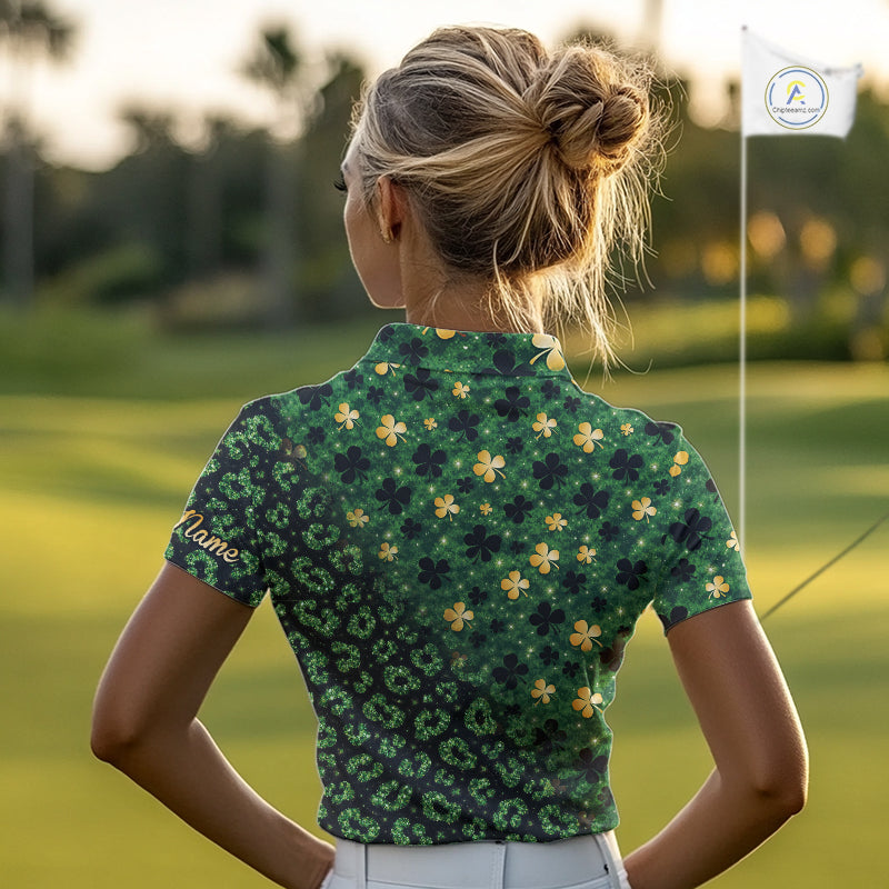 Green and Gold Clover glitter leopard St Patrick's day pattern custom shamrock Women golf polo shirts NQS11423