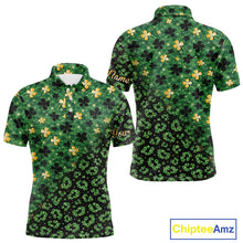 Load image into Gallery viewer, Green and Gold Clover glitter leopard St Patrick's day pattern custom shamrock Mens golf polo shirts NQS11423