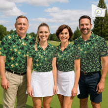Load image into Gallery viewer, Green and Gold Clover glitter leopard St Patrick's day pattern custom shamrock Women golf polo shirts NQS11423