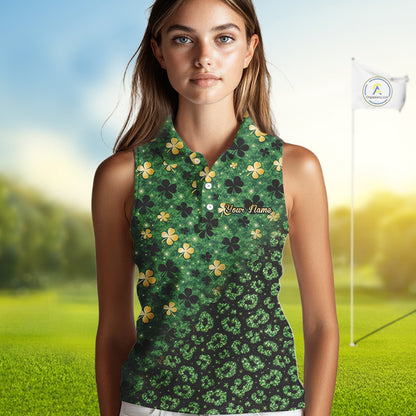 Green and Gold Clover glitter leopard St Patrick's day pattern custom ladies sleeveless golf tops NQS11423