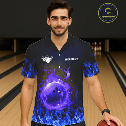 Black and Blue Flame Lightning Thunder Button-up bowling shirts custom Bowling Team League Shirts NQS11425