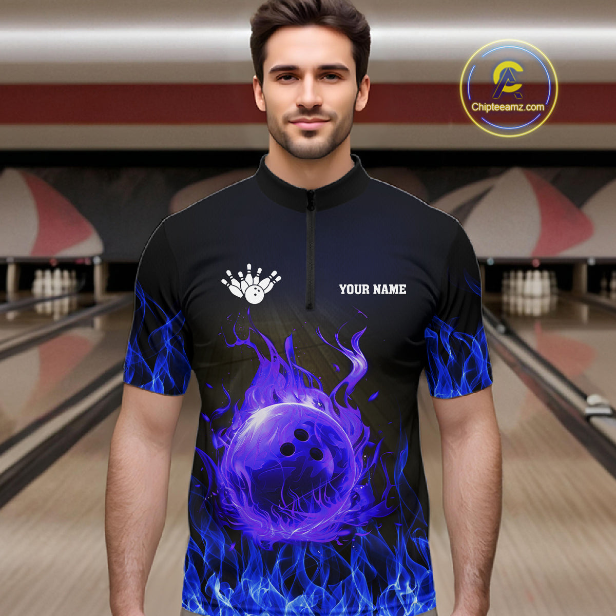 Black and Blue Flame Lightning Thunder Bowling Jersey for men custom Bowling Team League Shirts NQS11425