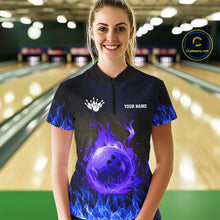 Load image into Gallery viewer, Black and Blue Flame Lightning Thunder Bowling Jersey for Women custom Bowling Team League Shirts NQS11425