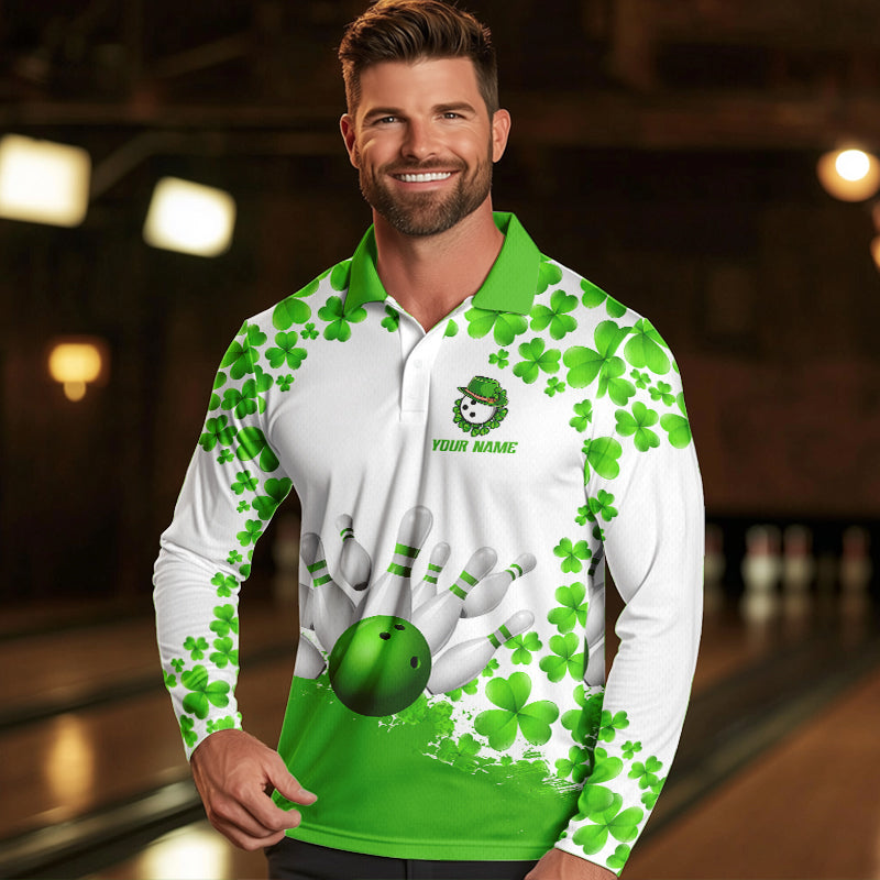 Green and White Shamrock pattern Bowling Shirts For Men Custom St Patrick Day Bowling Team Jerseys NQS9496