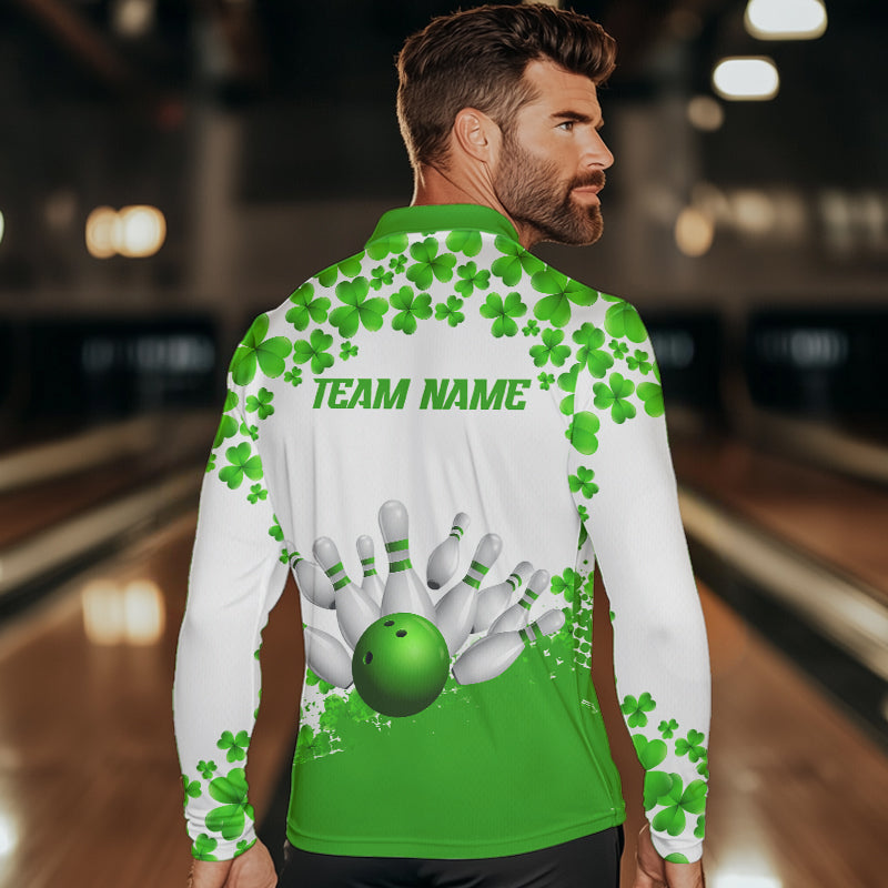 Green and White Shamrock pattern Bowling Shirts For Men Custom St Patrick Day Bowling Team Jerseys NQS9496