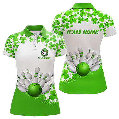 Green and White Shamrock pattern Bowling Shirts For Women Custom St Patrick Day Bowling Team Jerseys NQS9496