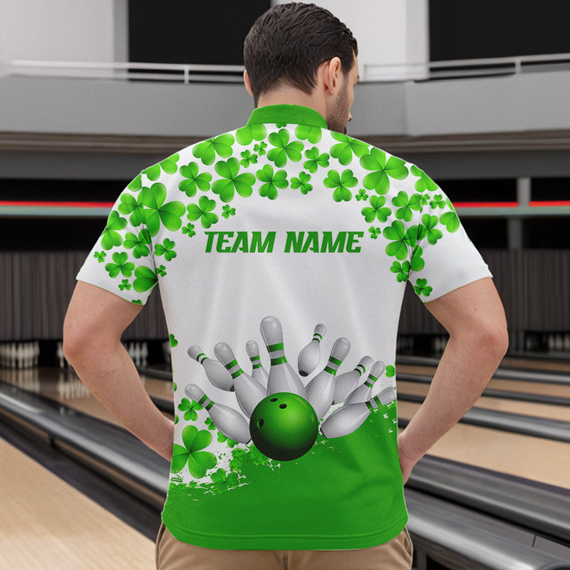Green and White Shamrock pattern Bowling Shirts For Men Custom St Patrick Day Bowling Team Jerseys NQS9496