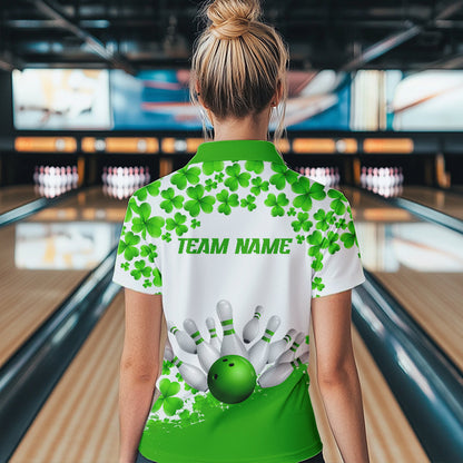 Green and White Shamrock pattern Bowling Shirts For Women Custom St Patrick Day Bowling Team Jerseys NQS9496