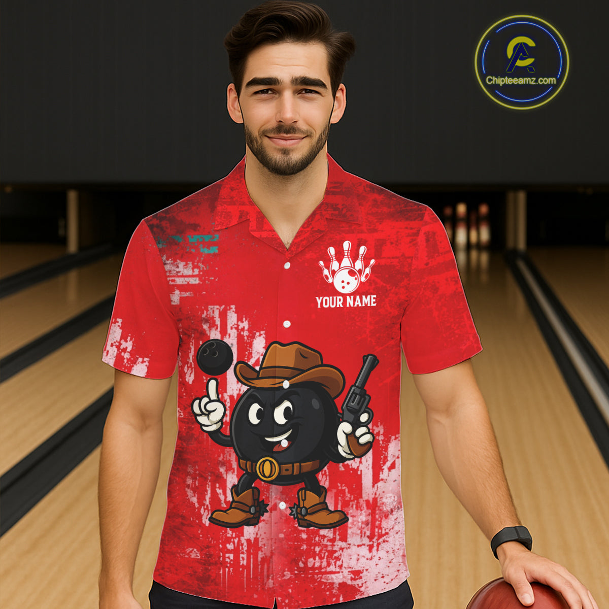 Custom Funny Cowboy Gunster Bowling Button-up Shirts, Bowling Team League Jerseys | Red NQS11625