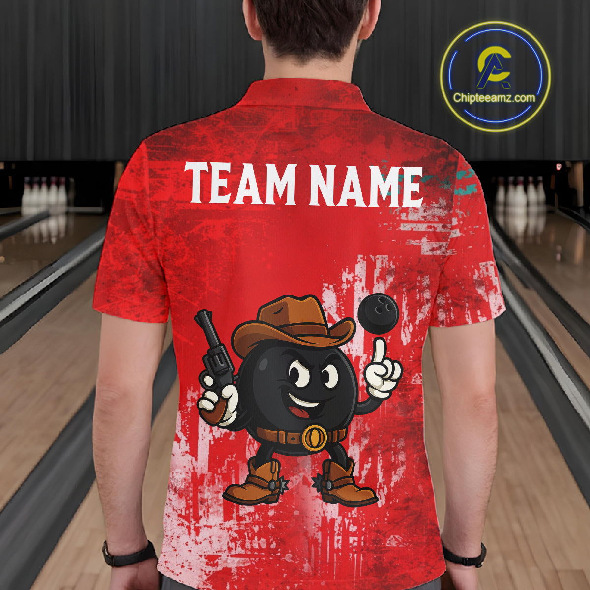Custom Funny Cowboy Gunster Bowling Polo, 1/4 zip Shirts For Men, Bowling Team League Jerseys | Red NQS11625