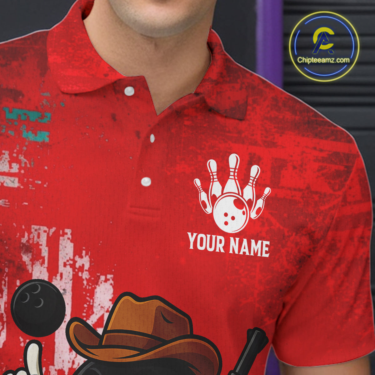 Custom Funny Cowboy Gunster Bowling Polo, 1/4 zip Shirts For Men, Bowling Team League Jerseys | Red NQS11625