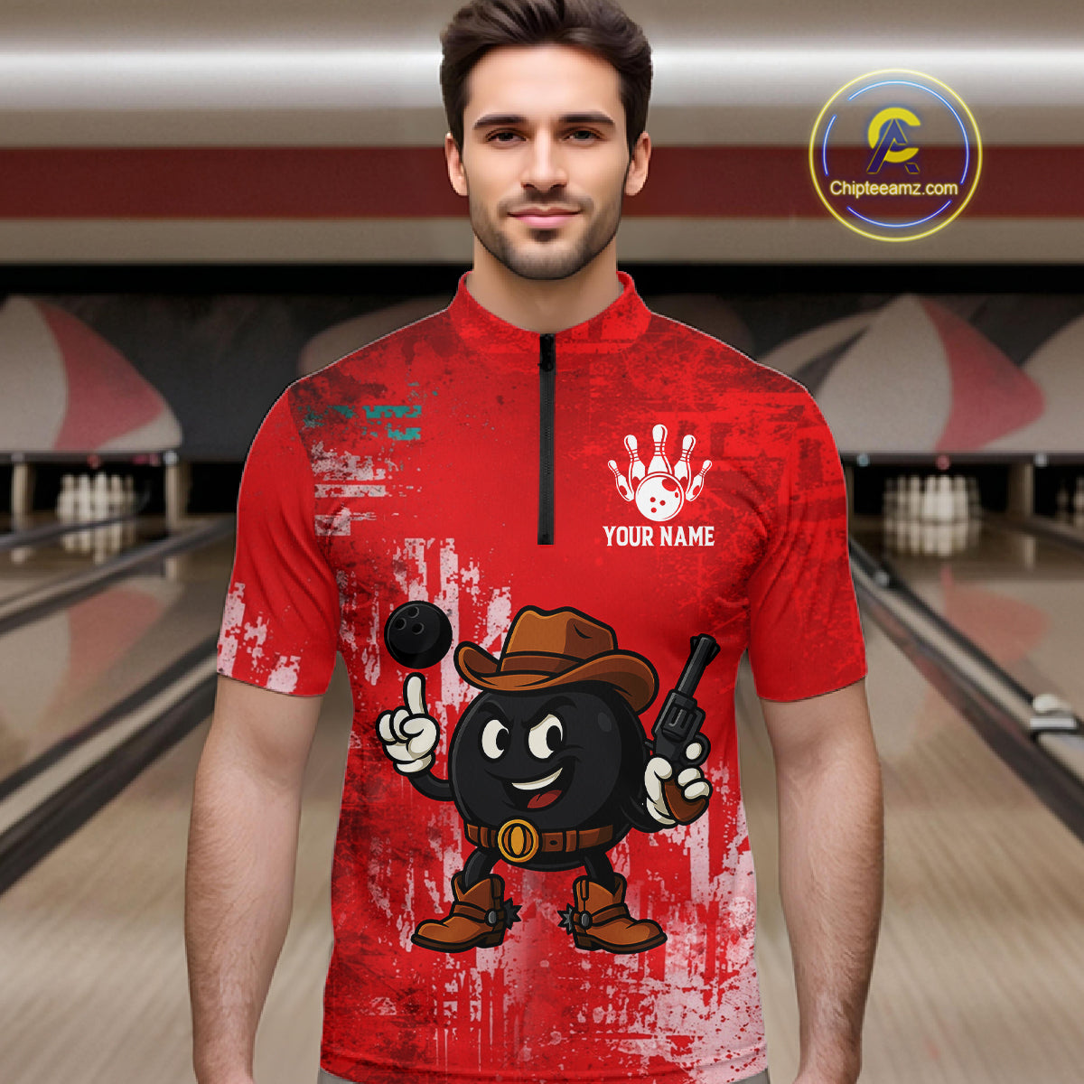 Custom Funny Cowboy Gunster Bowling Polo, 1/4 zip Shirts For Men, Bowling Team League Jerseys | Red NQS11625