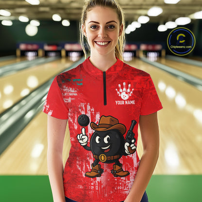Custom Funny Cowboy Gunster Bowling Polo, 1/4 zip Shirts For Women, Bowling Team League Jerseys | Red NQS11625