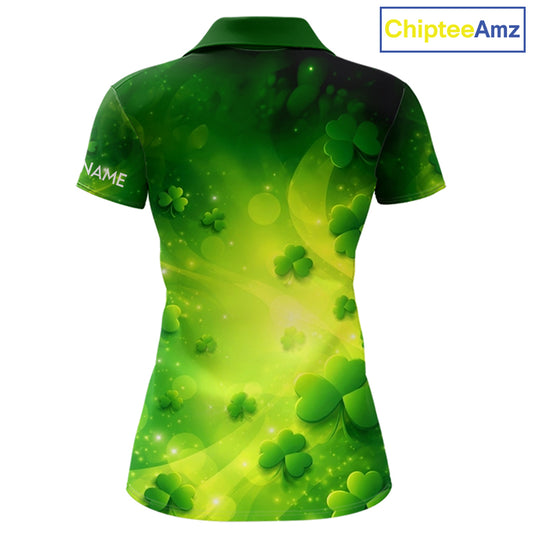 Green clover pattern St Patrick's Day Womens Golf Polo Shirts Custom Shamrock Golf outfit For Ladies NQS11628