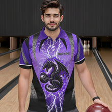 Load image into Gallery viewer, Black and Purple Thunder Lightning Dragon Bowling Team Shirts For Men Custom Bowling Uniform NQS9662