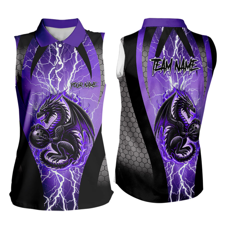 Black and Purple Thunder Lightning Dragon Women Bowling Sleeveless Polo Shirt Custom Bowling Uniform NQS9662